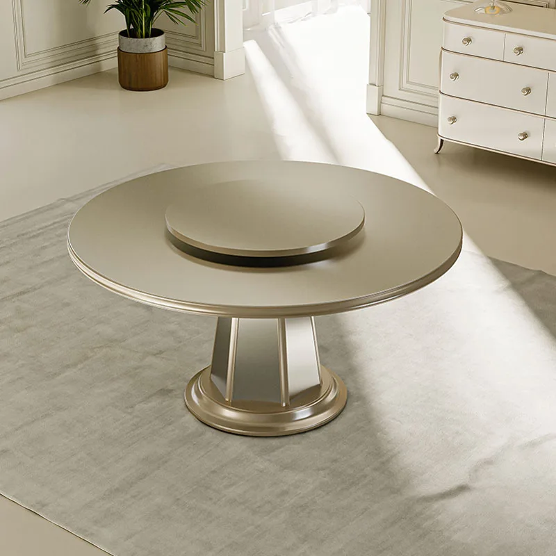 North American light luxury style, light French round dining table with turntable, household simple dining table and chairs