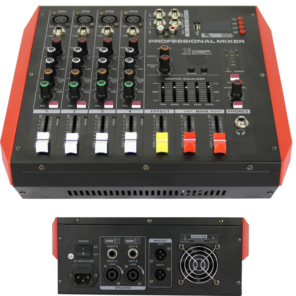 خلاط مضخم صوت احترافي ، 4 قنوات ، ميكروفون ، وحدة تحكم في خلط الصوت ، معادل بلوتوث ، أداء 48 فولت ،