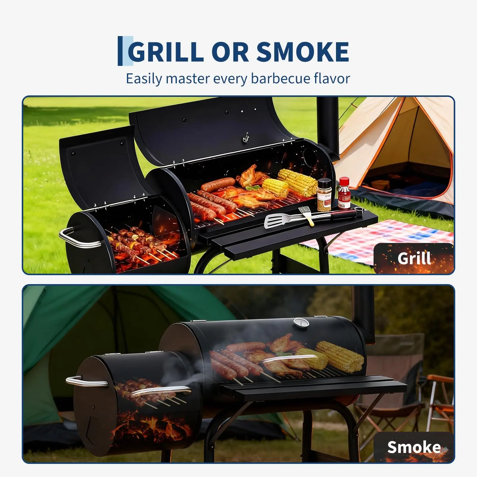 【Out of Stock】Charcoal Grills with Offset Smoker, Barrel Barbecure Smoker Grill Combo, Outdoor BBQ Grill with Handle and Wheels, for Camping Picnic Patio Backyard Party