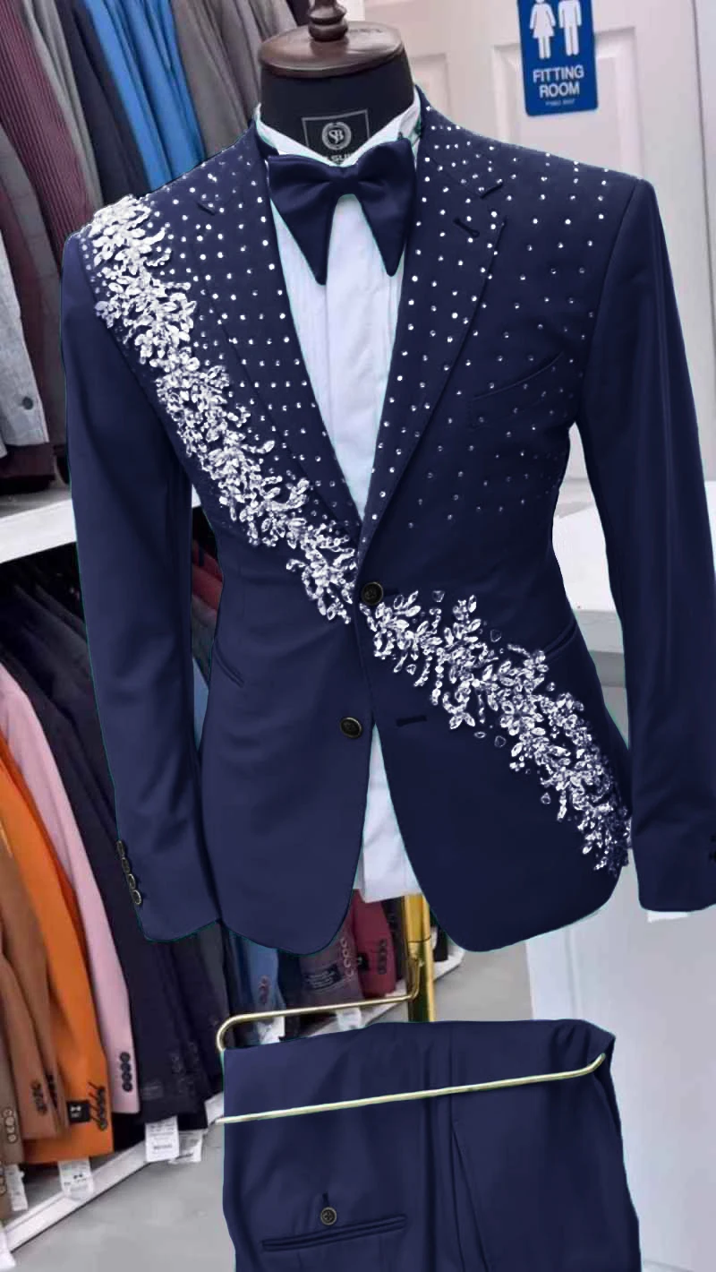 

Luxury Men's Suits 2-Piece Crystals Single Breasted Groom Prom Blazer Wedding Tuxedos Party Prom Male Business Customized
