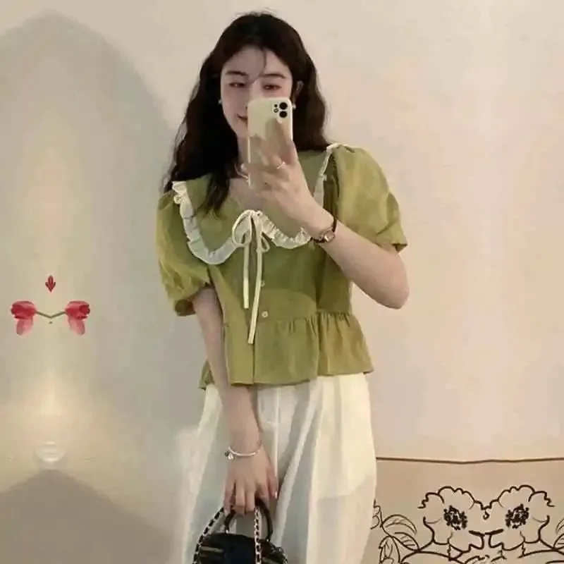 

Summer Crop Top Women Blouse Chemise Femme Pink Shirts Korean Sweet Bow Doll Neck Shirt Blusas Mujer De Moda 2026 Verano