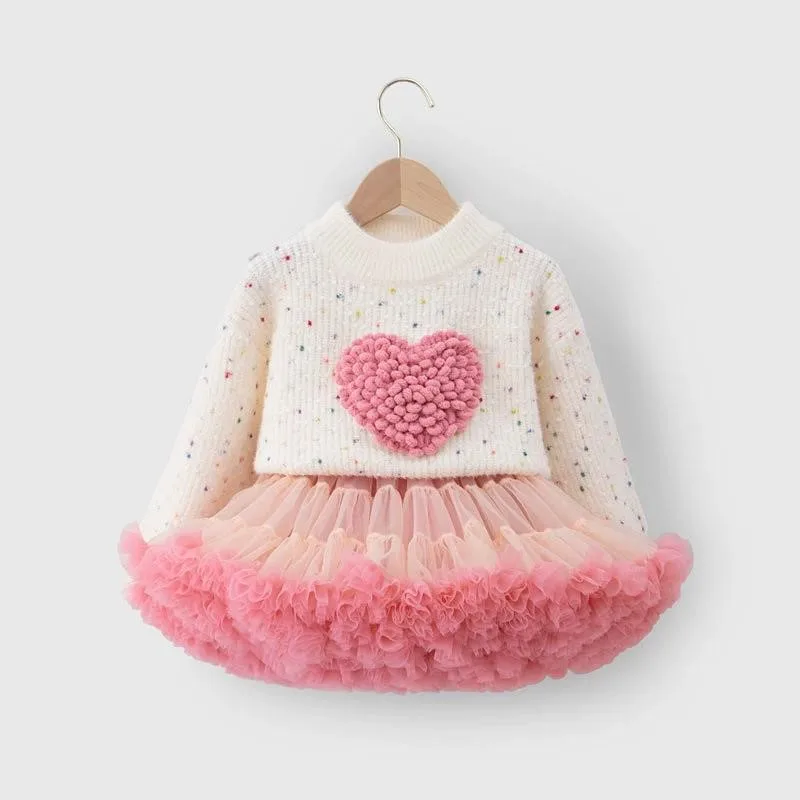 2024 new spring autumn winter Girls Kids Love Sweaters+TuTu skirt sets comfortable cute baby Clothes Children Clothing