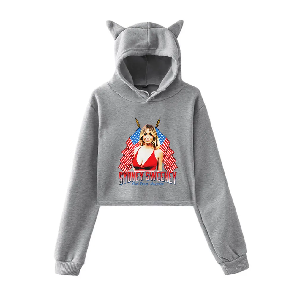Sydney Sweeney Merch Vintage Lata 90. Streetwear Logo Bluza z Kapturem Bluzy Damskie z Kocimi Uszkami Krótka Modna Sportowa Bluza