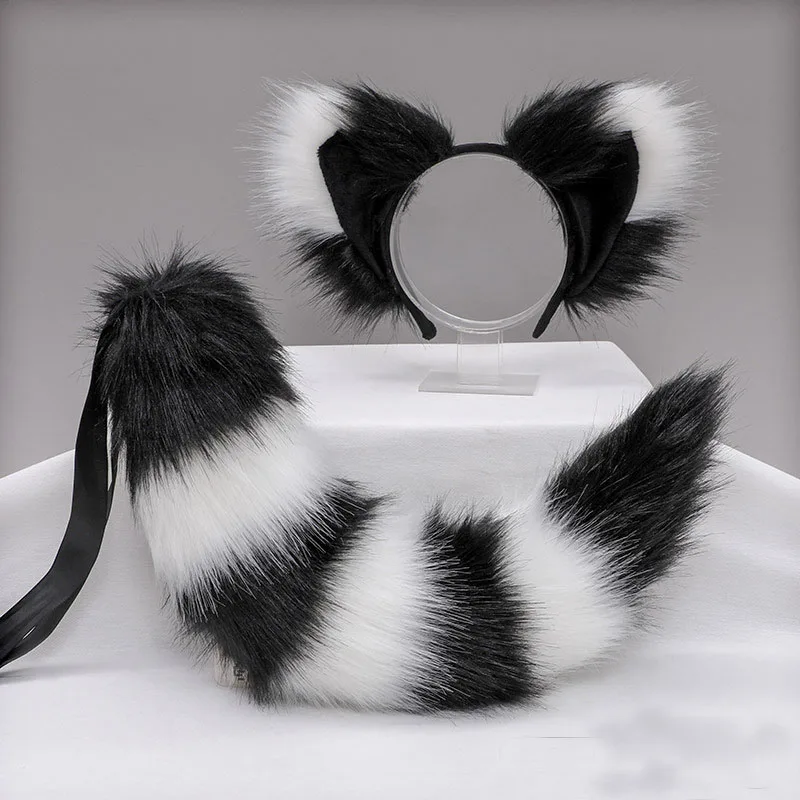 Cosplay Ears Tails Set Fox Fur Plush Headband Black White Panda Color Brown Adult Christamas Party Headwear Tails Cosplay Prop