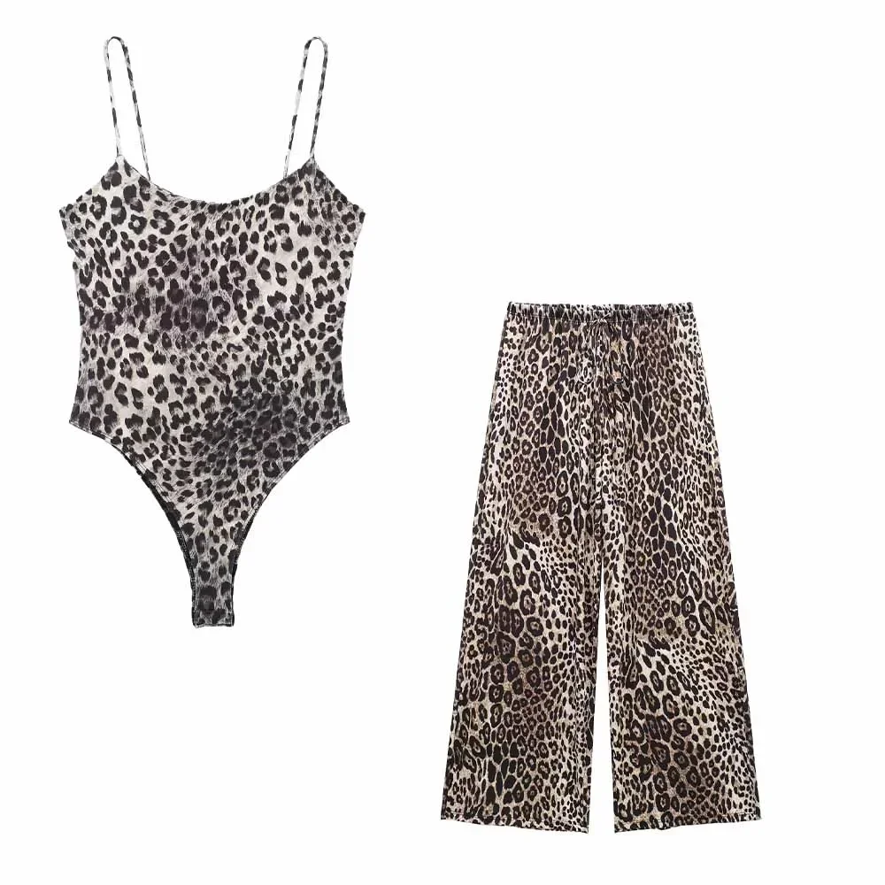 Macacão suspensor com estampa leopardo para mulheres, terno feminino, calça vertical, conjunto 2 peças, 2024