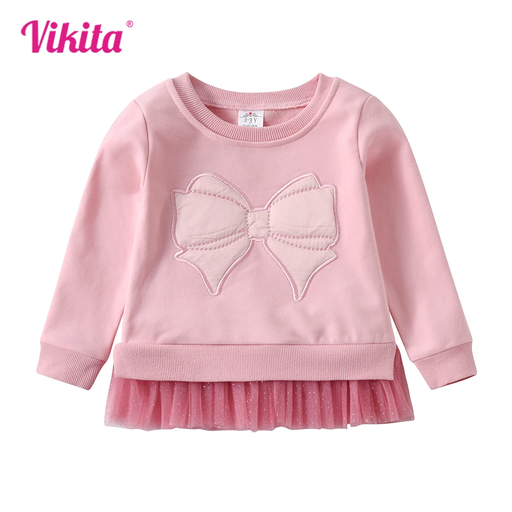 VIKITA Girls Autumn Spring Cotton Sweatshirt Kids O Neck Bow Knot Appliqued Thick Outerwear Girls Pink Tops Children Clothing