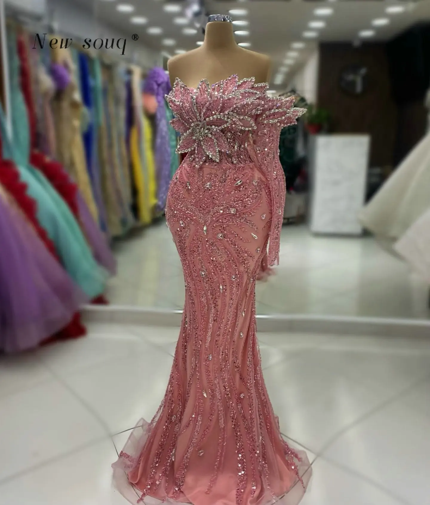 

Pink Glitter Crystals One Shoulder Mermaid Evening Dresses Customized Long Formal Wedding Party Gowns Elegant for Women Arabic
