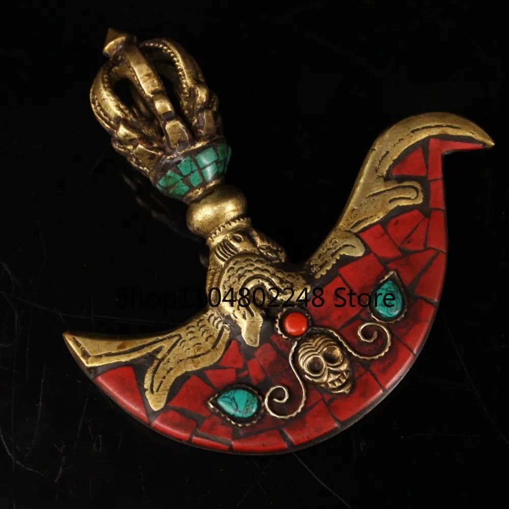 Old Tibetan Buddhist Brass Phurba with Inlaid Turquoise & Coral ritual implement
