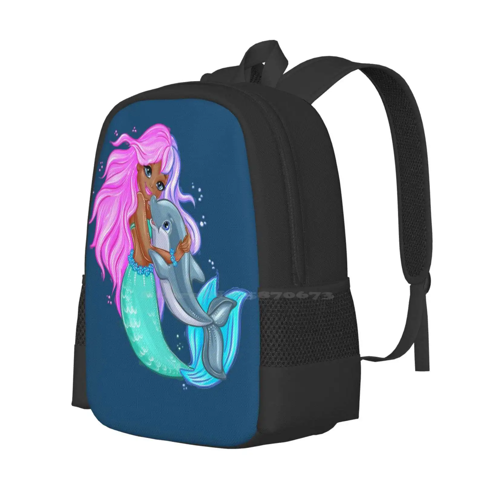 Black Mermaid And Her Friend Dolphin Hot Sale Schoolbag Backpack Fashion Bags Ebony Mermaid And Dolphin Mulatto Mermaid Dark