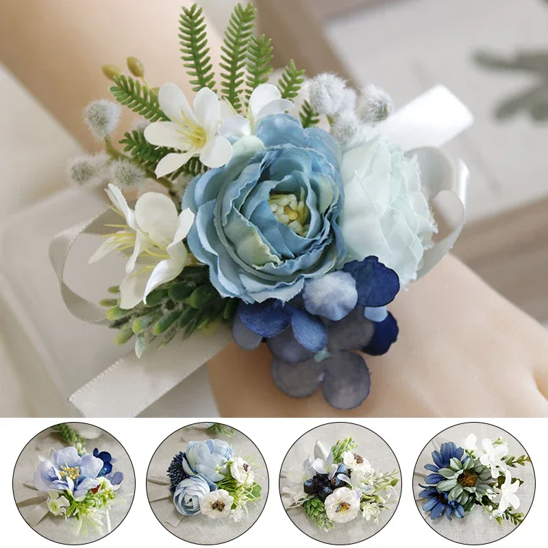 Neue blaue Handgelenkblumen aus Seide, künstliche Blumen, Party, Hochzeit, Dekoration, Zubehör, Bräutigam, Braut, Schleife, entworfen, Korsagen, Handblume