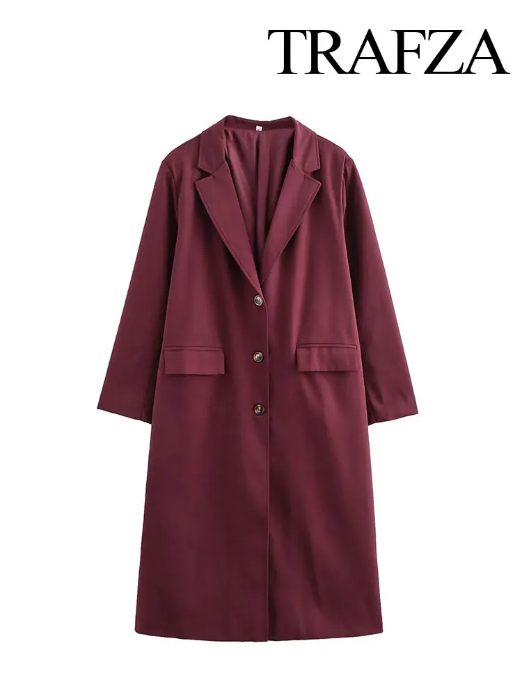 TRAFZA Women's Retro Fashion V-neck Single-breasted Burgundy Loose Coat Coat Elegant Women's Mid-length Pocket Casual Coat