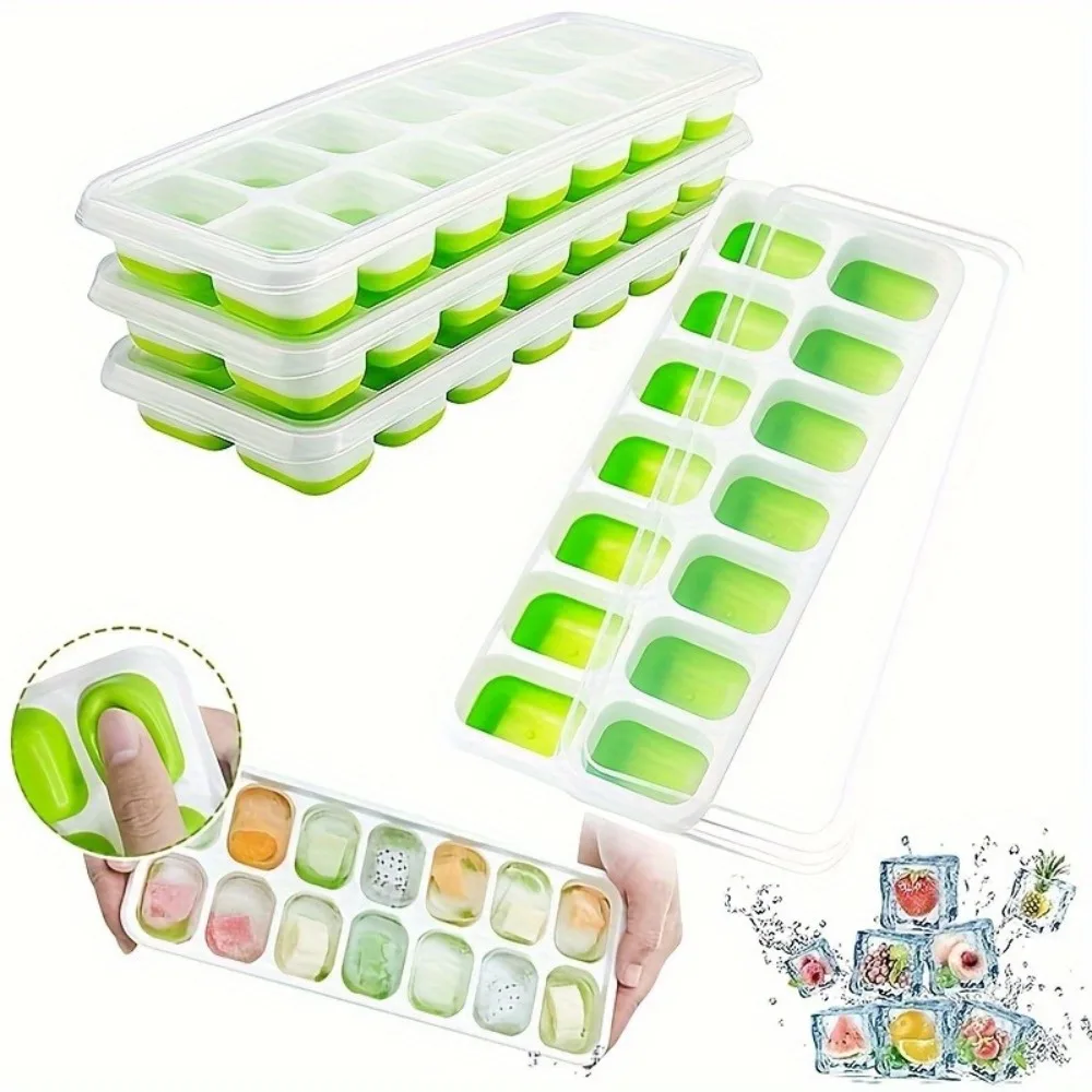 

4pcs Ice Cube Trays Easy-Release Silicone & Flexible 14-Ice Cube Trays with Spill-Resistant Removable Lid for Cocktail Freezer