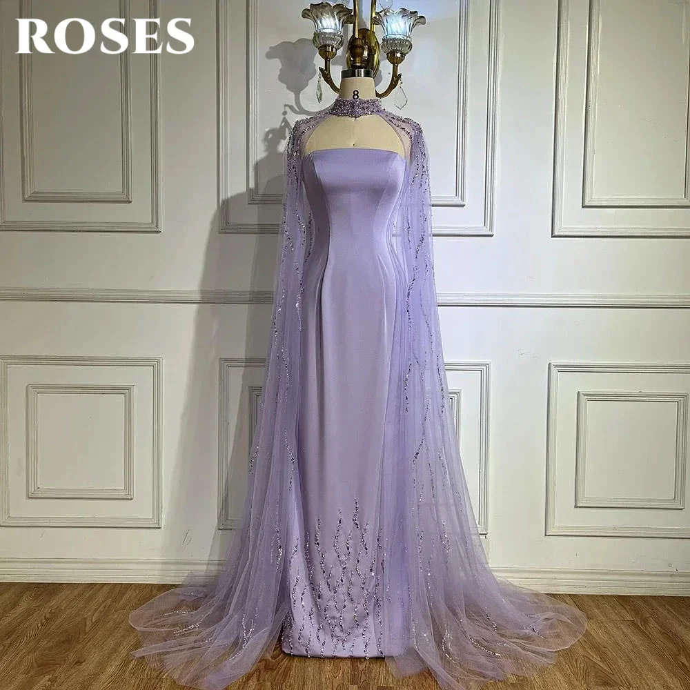 

ROSES Lilac Stain Evening Gown Beaded Prom Dress with Cape Pleats Wedding Evening Dress with Sequins robes de soirée Customized