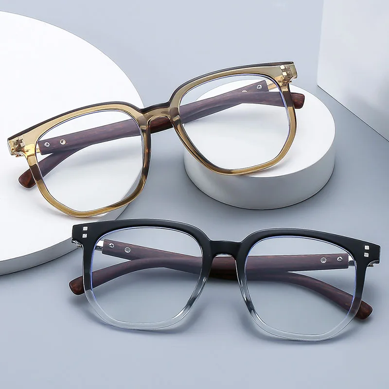 SHAUNA Retro Rivets Anti-Blue Light Glasses Frames Wood Grain Square Optical Eyeglasses