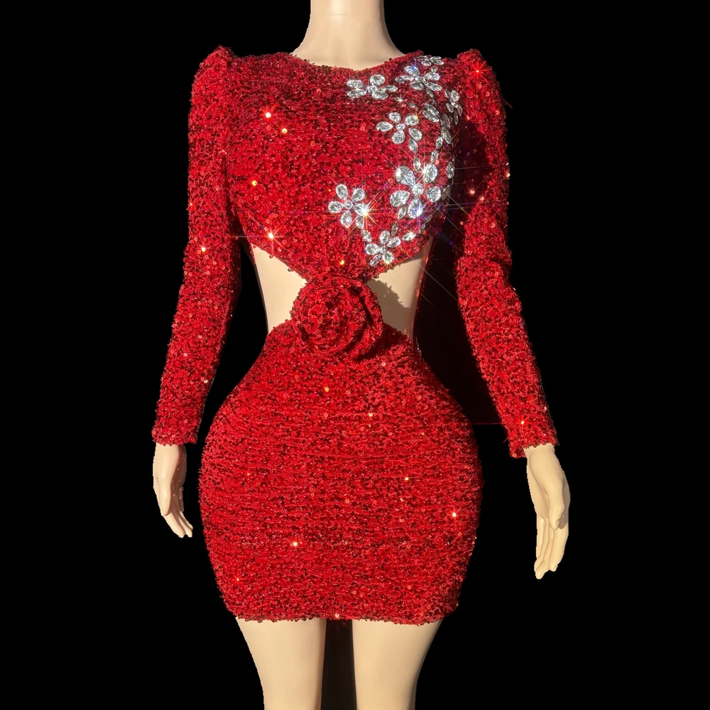 

Sparkly Red Sequins Rhinestones Short Dress Women Sexy Hollow Waist Party Evening Celebrate Birthday Dress Festival Clothing