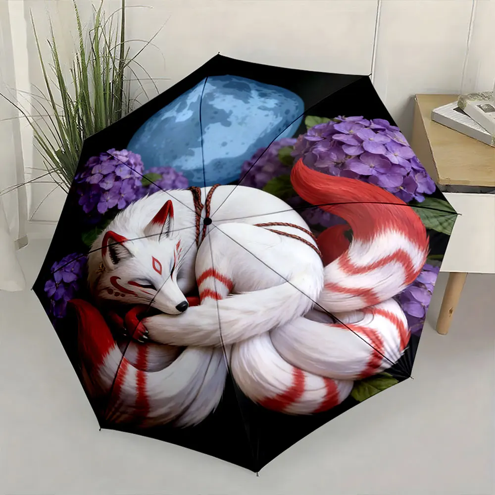 1PC Fantasy White Fox Umbrella with Moonlit Hydrangeas Design Print 8 Iron Ribs Folding Umbrella Auto-Open Fashion Sunshade