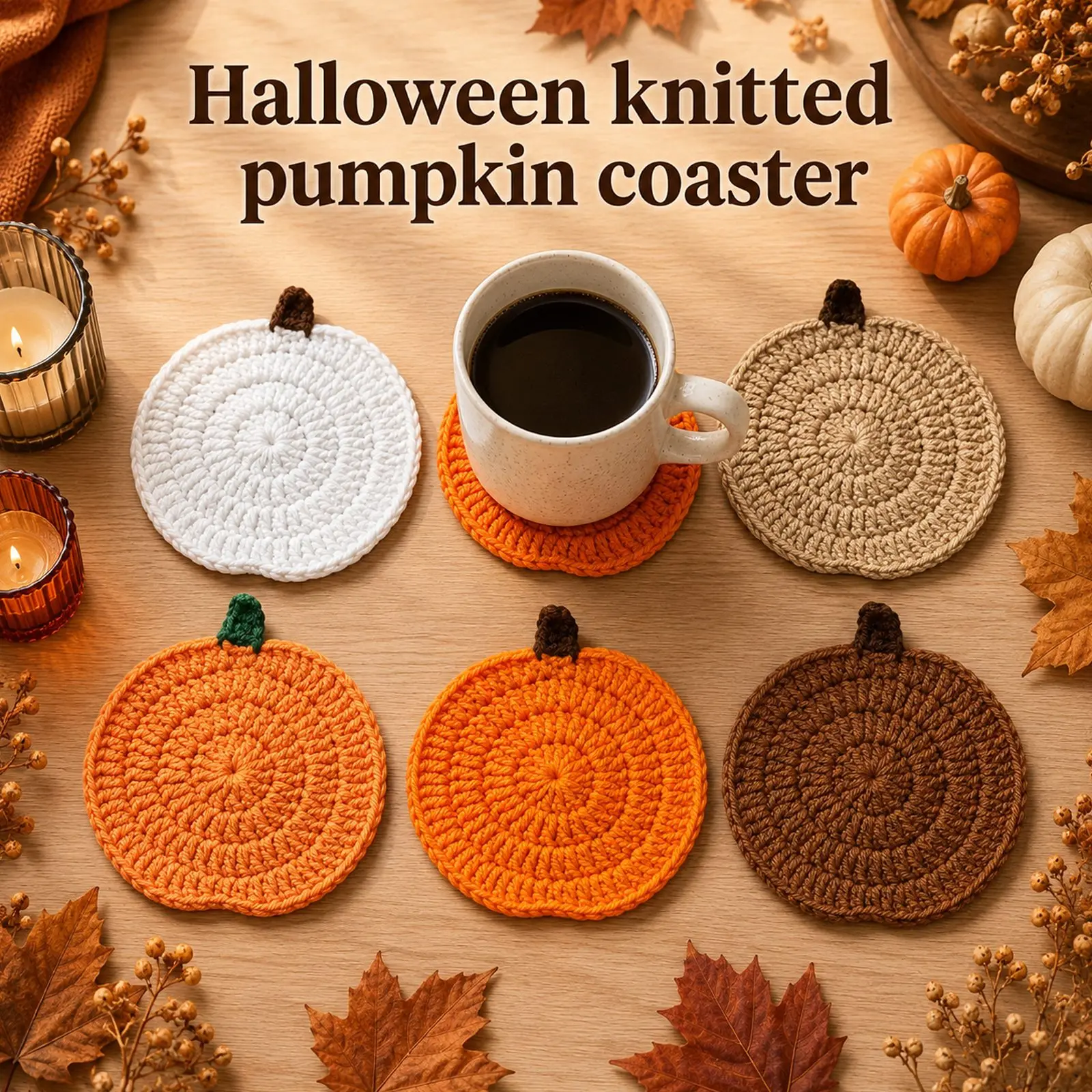 Halloween Pumpkin Coaster Knitted Yarn Heat Resistant Mug Pad Hand Crochet Cup Mat Holiday Table Decorations ﻿