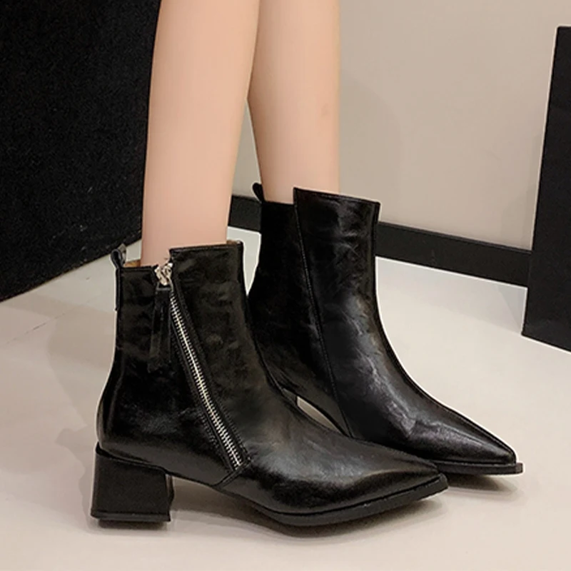

Pointed Toe Women's Boots Sexy High Heels Shoes Zip Ankle Boots 2025 Winter Luxury Brand Chunky Leather Shoes Chelsea Botas Lady