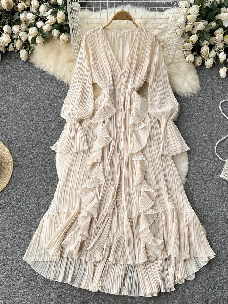 Beach Chiffon Dress Women Elegant  Lotus Leaf Lace V-Neck Pleated Long Dresses Ladies Single Breasted A-line Vintage Long Robe