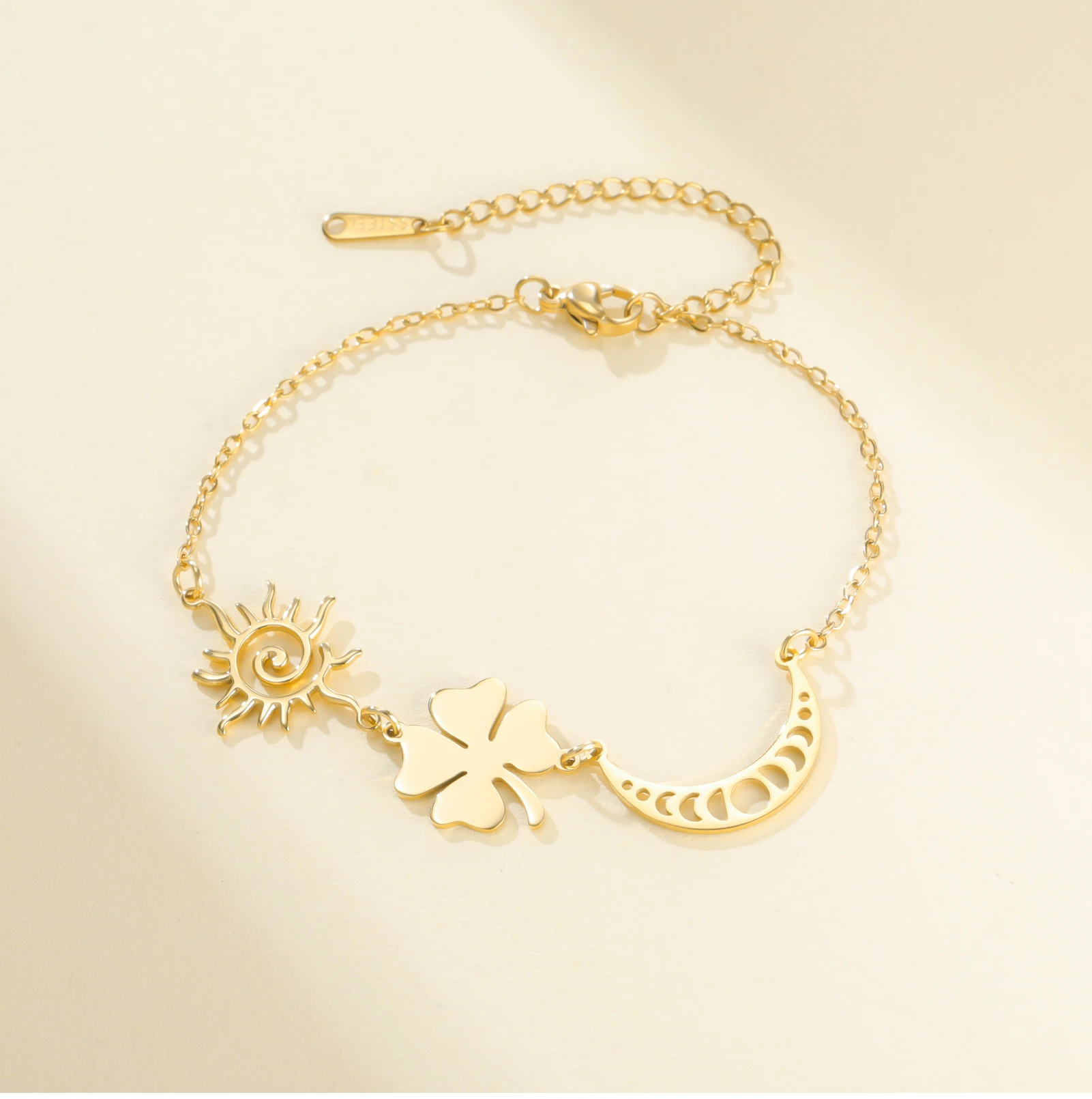 CoolTime Zierliches Sonne & Mond Vierblättriges Kleeblatt Damenarmband aus Edelstahl Glücksbringer Täglicher Schmuck für Frauen Geschenk – Detail 8