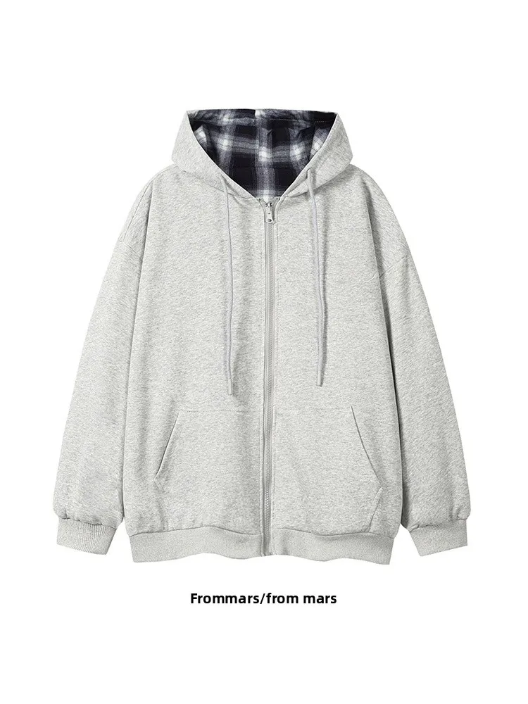 

Двусторонняя толстовка на молнии с вышивкой, свободного кроя, для пар, зимняя верхняя одежда, повседневная, модная, в уличном стиле