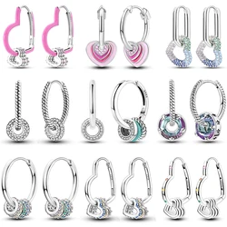 Original 100% 925 Sterling Silver Charm Double Hoop Earrings Heart Shaped Pendants Earrings For Women Elegant Party Jewelry Gift