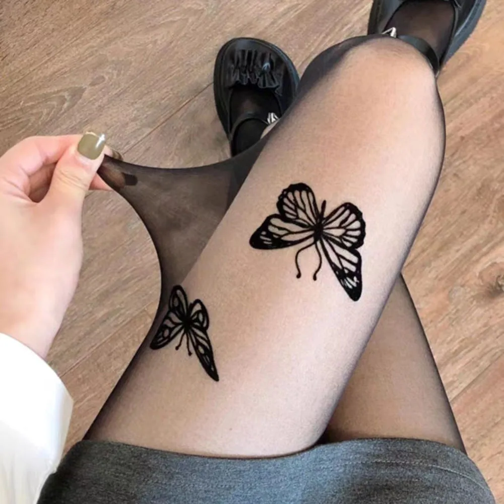 

Sexy Women Black Pantyhose Y2K Butterfly Print Transparent Silk Stockings Tights Girls Lolita Winter Thin Thigh High Stockings