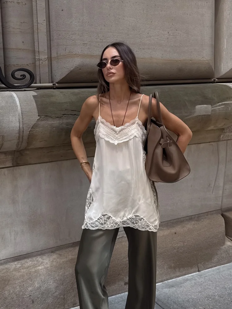 الصلبة الدانتيل المرقعة حبال القمم سيدة عادية أكمام الخامس الرقبة شيك فضفاض عارية الذراعين سترة قصيرة 2025 الصيف عطلة الشارع ارتداء