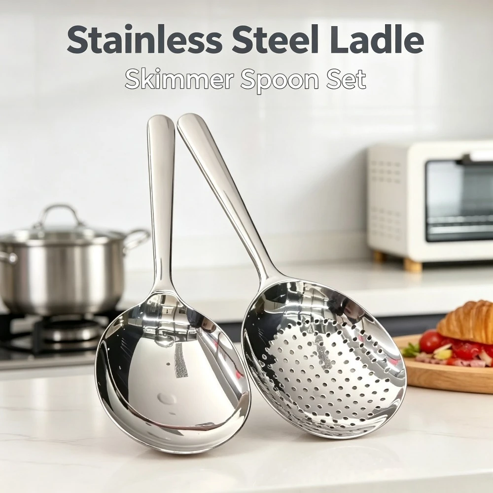 1PC Big Head Stainless Steel Round Spoon Large Size Dining Rice Serving Spoon Drain Hole Heat Resistant Kitchen Tool Utensil