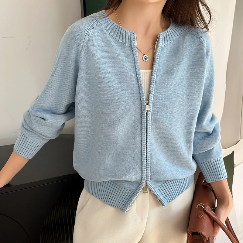 YTFidio 100% Cotton Women O-neck Thick Zipper Solid Cardigan Luxury Designer Clothing Woman Pullover Female Tops 401 image 3