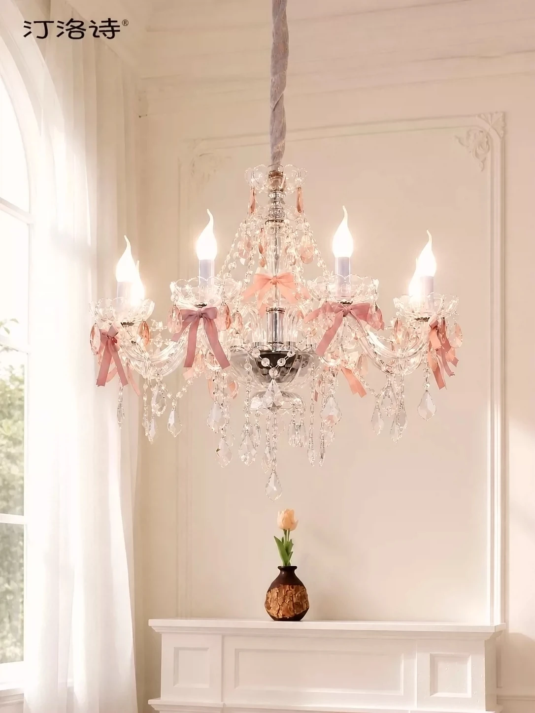 French living room crystal chandelier princess style young girl bedroom pink bow restaurant romantic high-end light