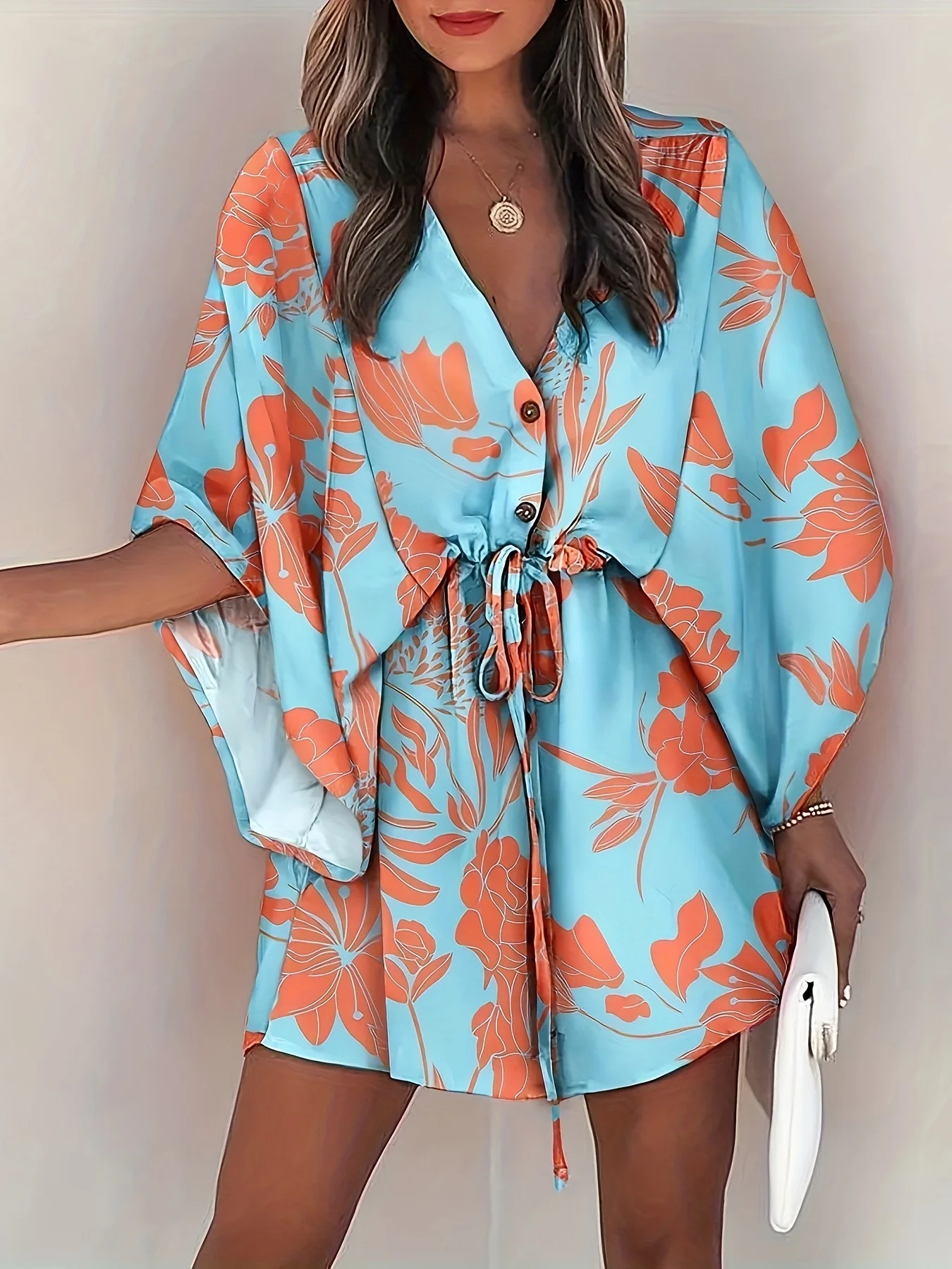 PlusSize Casual Loose Bohemian Beach Vacation Dress For Summer Fashion V Neck Batwing Sleeve Print Boho Lace Up Waist Mini Dress