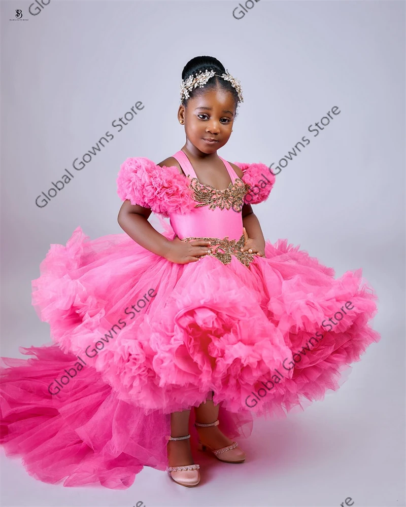 Pink Sweetheart Cute Flower Girls Dress Beaded Crystal Child Princess Gown For Birthday Party Dresses Ruffles Tiered Robe De Bal