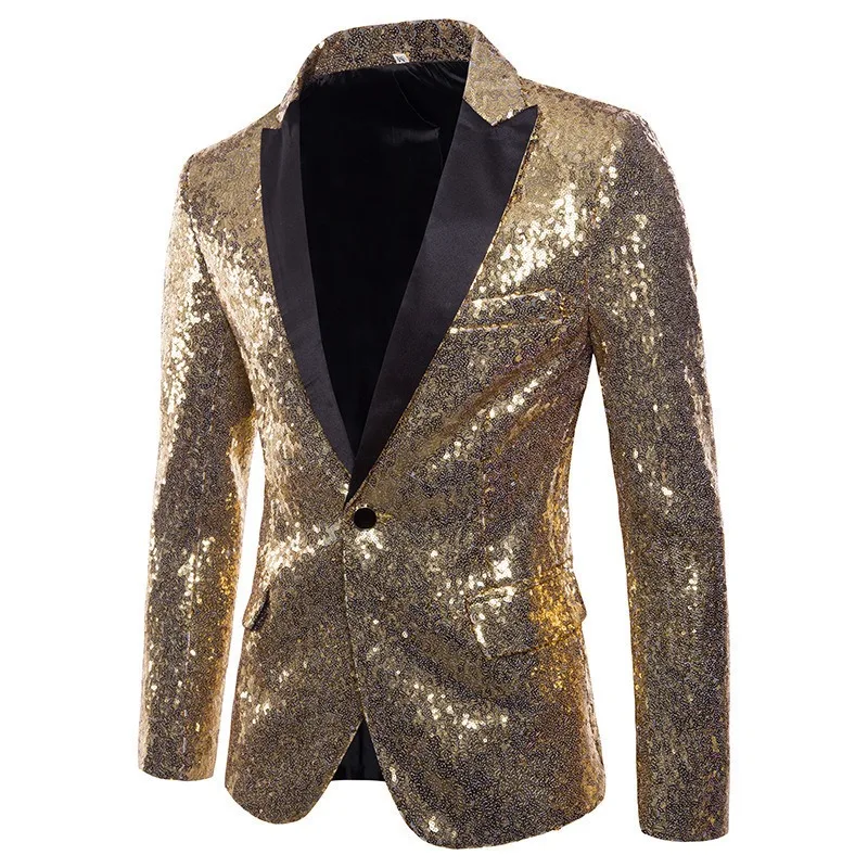 

Mens Gold Sequin Blazer Performance Tuxedo for Nightclub Host MC Wedding Photography Formal Suit