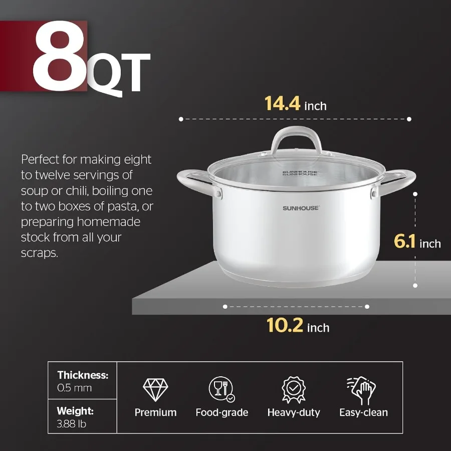 وعاء مخزون سعة 8 لتر مع غطاء لتعليب المعكرونة والوجبات الكبيرة ذات الحجم الكبير وبناء من الفولاذ المقاوم للصدأ بقاعدة 3 طبقات لسهولة ذلك