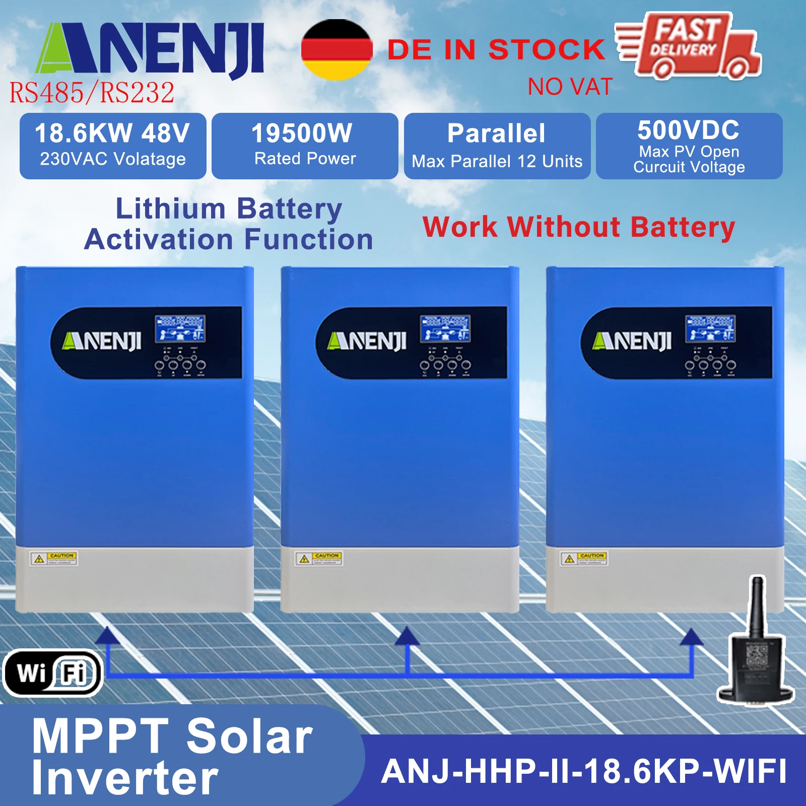 18,6 kW driefasige hybride zonne-omvormer MPPT 48V parallelle zuivere sinusomvormer 120A zonnelader PV 60 tot 500VDC met WIFI