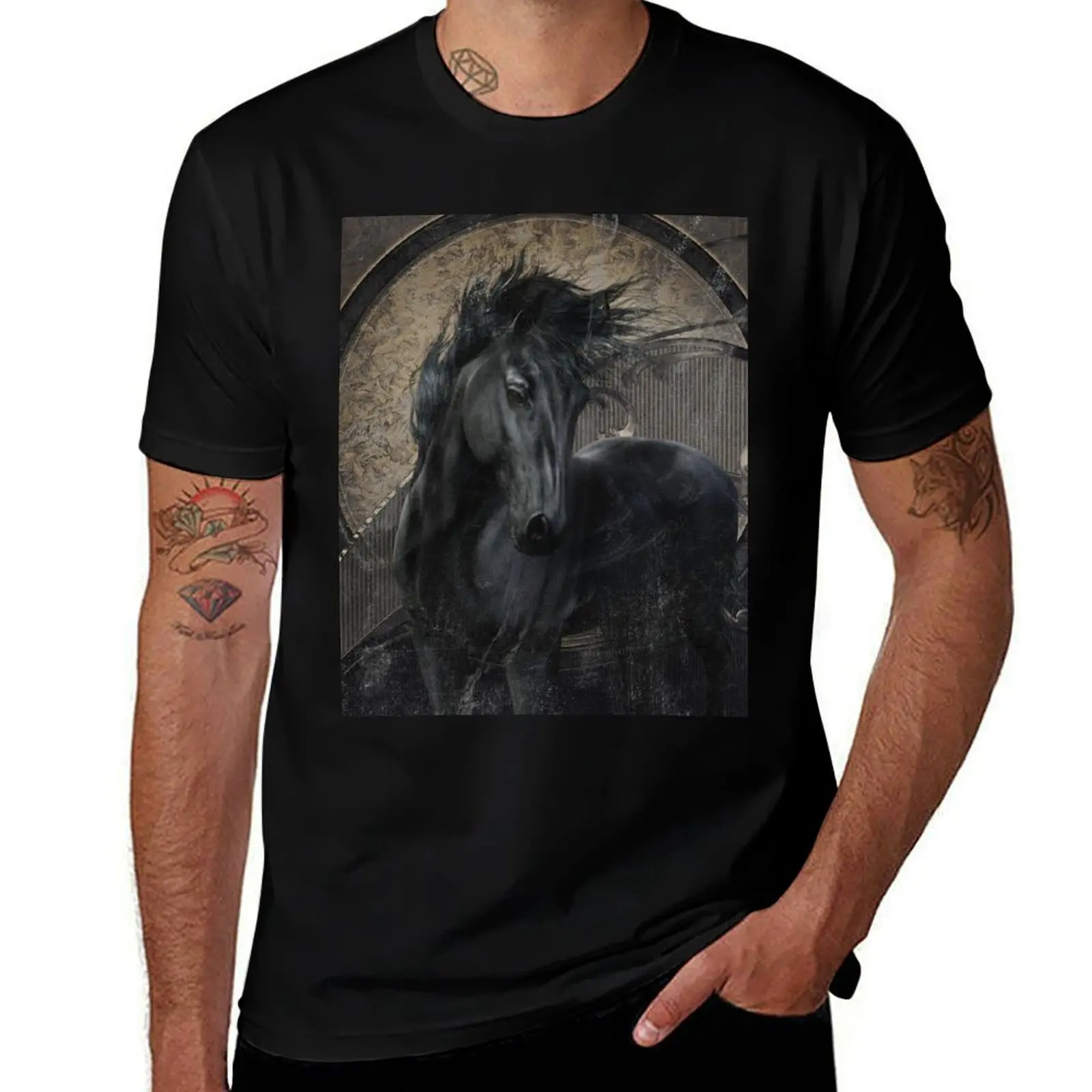 

Gothic shirts shirt Friesian man anime t high T-Shirt Horse t cotton cotton quality heavy tshirt