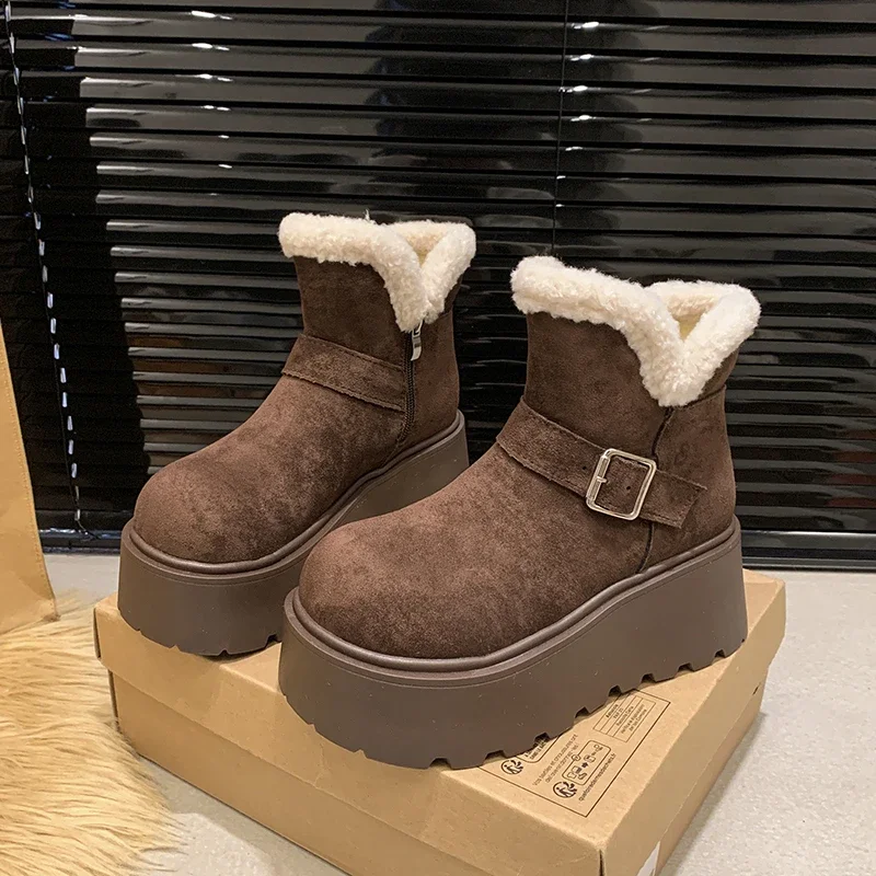 Ankle Flat with Snow Boots Slip-on Round Toe Women's Shoes on Sale 2024 Brand Mid Heel Turned Over Edge Solid Women's Boots