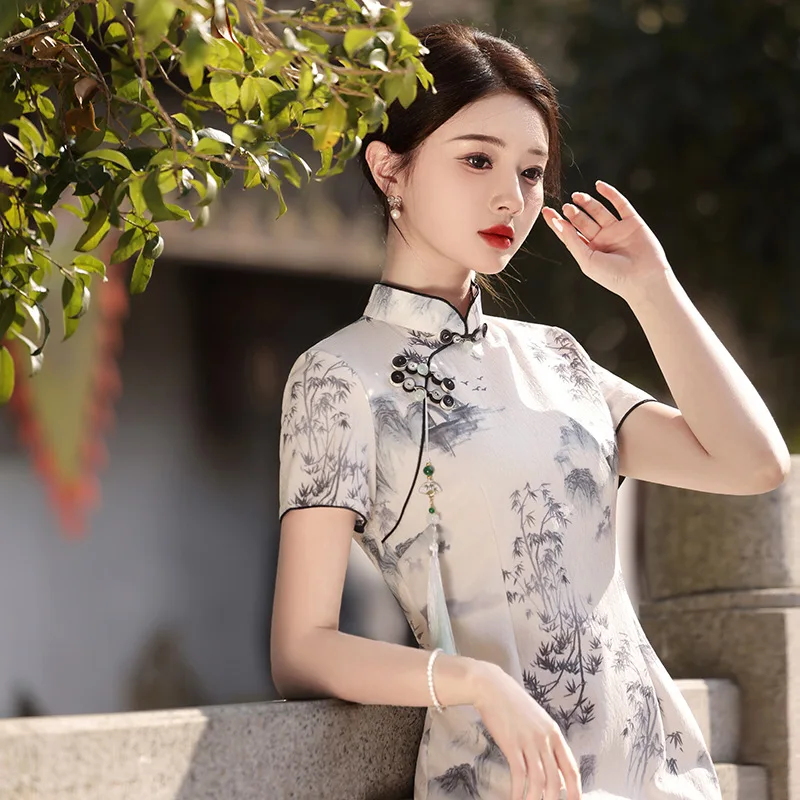 Spring New High-Grade Chinese Ink Style Short Sleeve Stand Collar Temperament Long Cheongsam