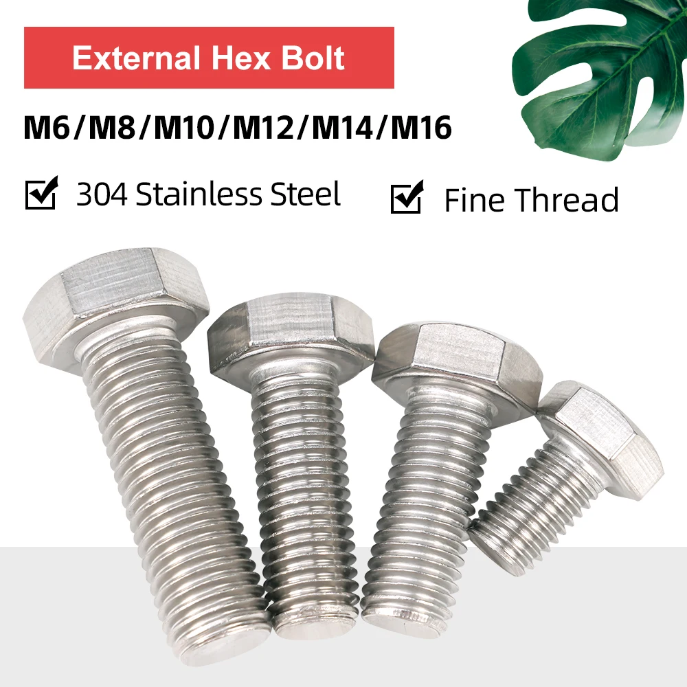 

Fine Thread Outer Hexagonal Head Bolts M6 M8 M10 M12 M14 M16 304 Stainless Steel External Hex Screws Full Thread Din 933