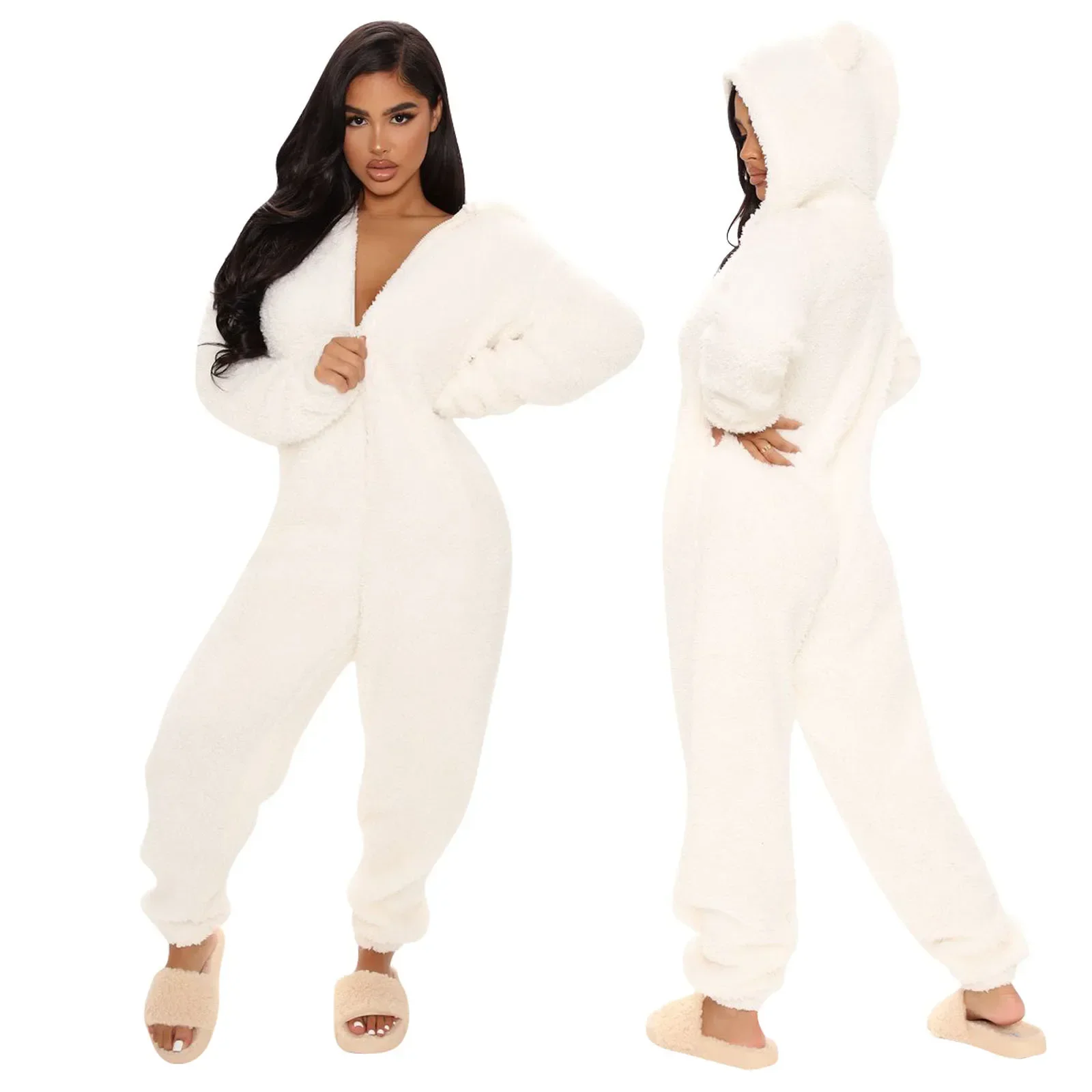 Plush Jumpsuit Women Overalls Long Sleeve Hooded Fashion Streetwear Jump Suits Autumn Winter Clothes Home Wear Pajama Playsuits