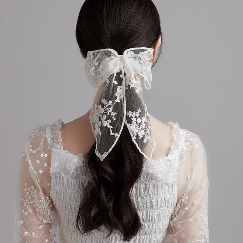 Lystrfac Spring Summer White Handmade Lace Bow Hair Ribbon Headdress Streamer Bow Scrunchies for Women Lolita Hair Accessories