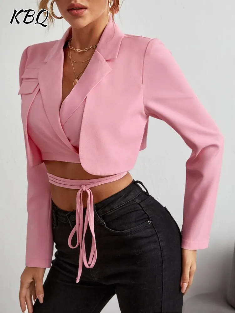 KBQ Spliced Lace Up Asymmetrical Cropped Blazer For Women Notched Collar Long Sleeve Slimming Chic Blazers Female Fashion Style