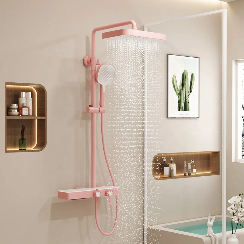 Neues Design High-End-Thermostat-Duschset Badewanne Messing Badezimmer Duschsystem Heiß Kalt Mischen Rosa Duscharmatur-Sets