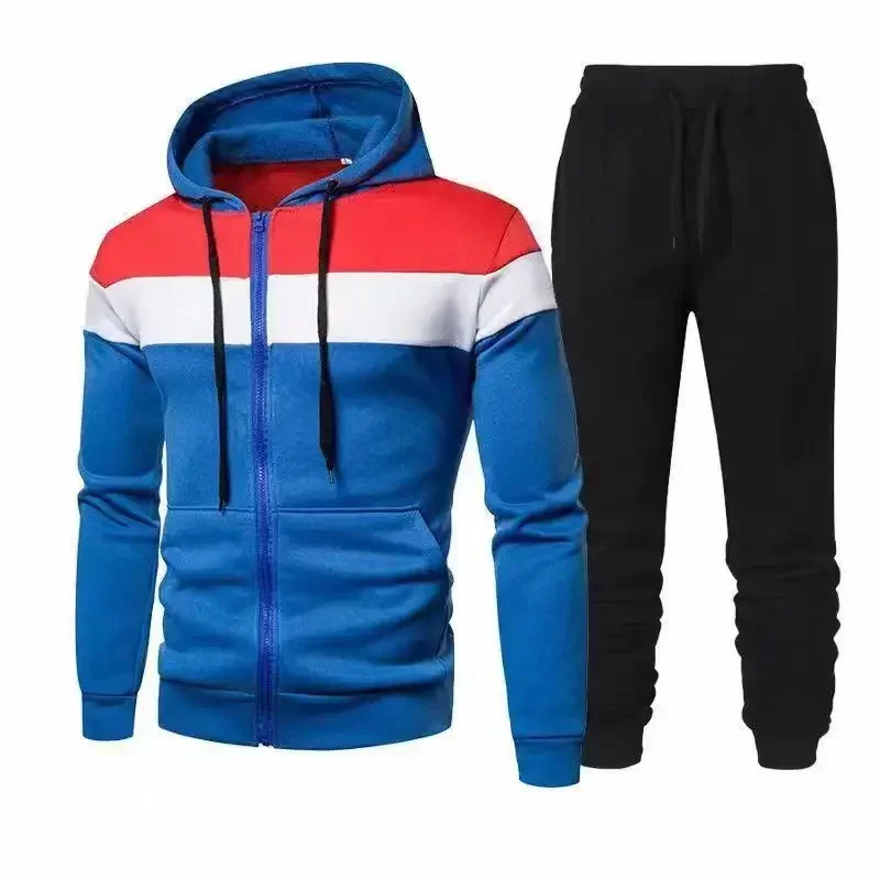 

2025 Spring and Autumn New Men Sports Set Fashion Color blocked Hooded Zipper Pocket Sweatshirt and Pants Two Piece Set