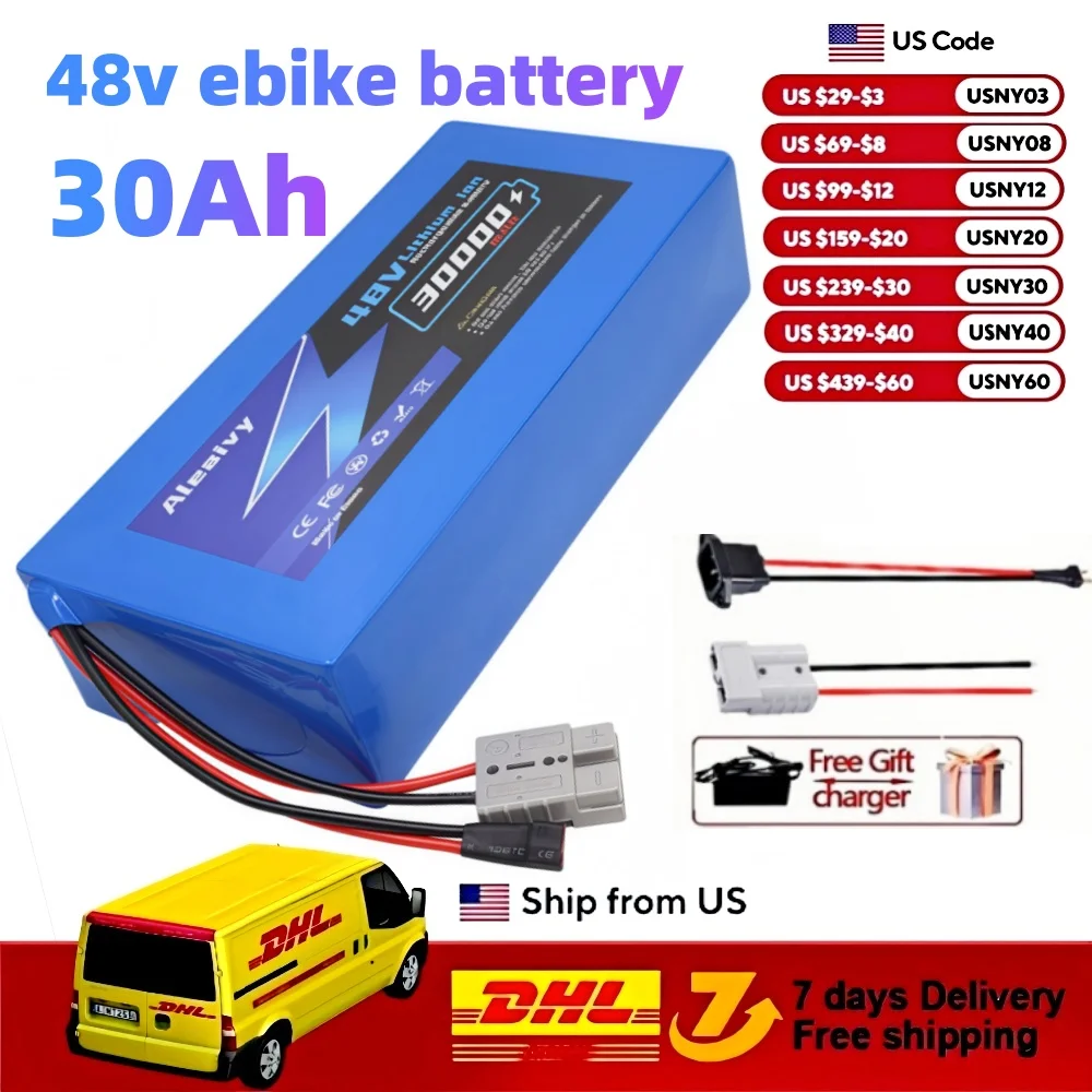 [US Direct ]Aleaivy 48V 30Ah Electric Bike Lithium Battery Pack 30000mAh Li Ion Battery for 1500W 1000W 750W 500W Bicycle Scooter Motorcycle with Charger