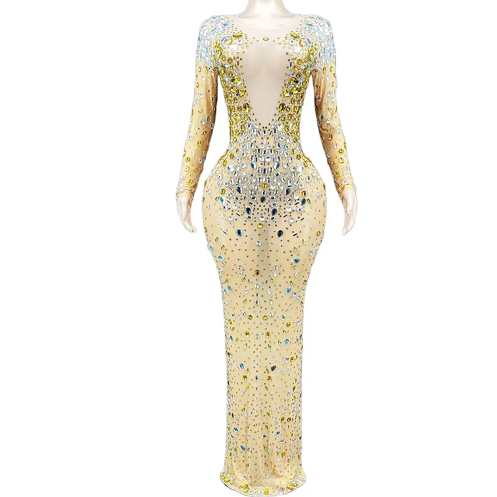 Long Sleeves Gold Shining Crystal Rhinestones Sexy Dress For Women Evening Party Club Clothing Ballroom Dancing Costumes