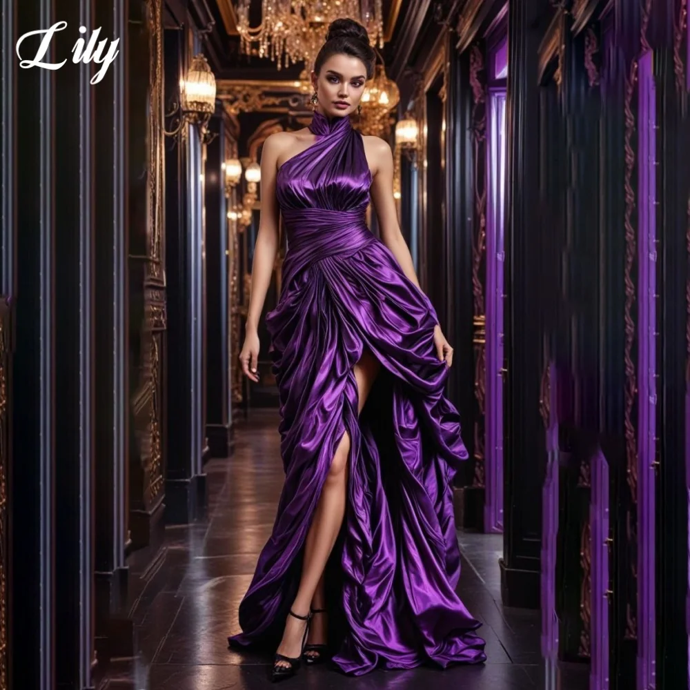 

Lily Purple Elegant Formal Gown Halter Sleeveless Prom Dress Satin Side Split Evening Dresses for Woman robe de bal Customized