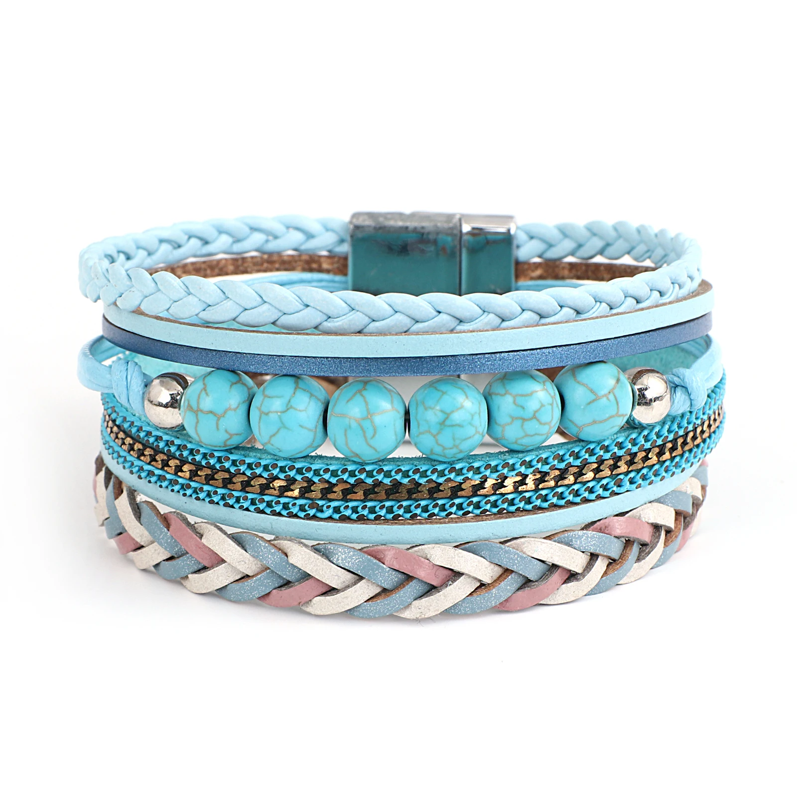 ALLYES Vintage Men Leather Bracelets Multilayer Braid Stone Beaded Bangles Crystal Chain Wrap Bracelets for Women Boho Jewelry