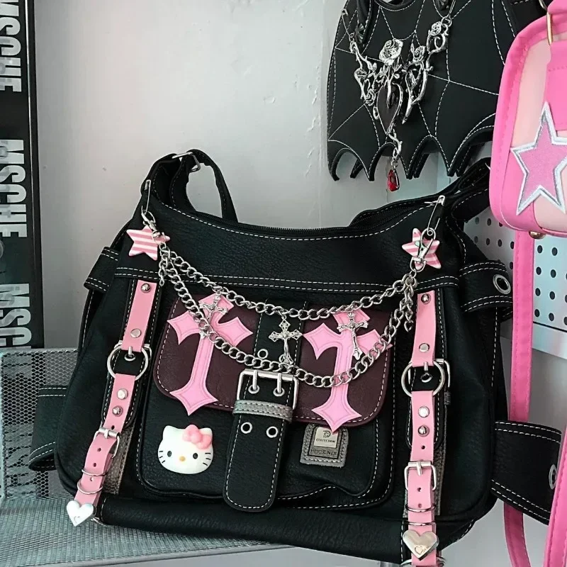 Goth Hello Kitty Black and Pink Stitching Motorcycle Bag Women's Luxury Handbag Y2k Pink Print Shoulder Bag Women's New Handbag